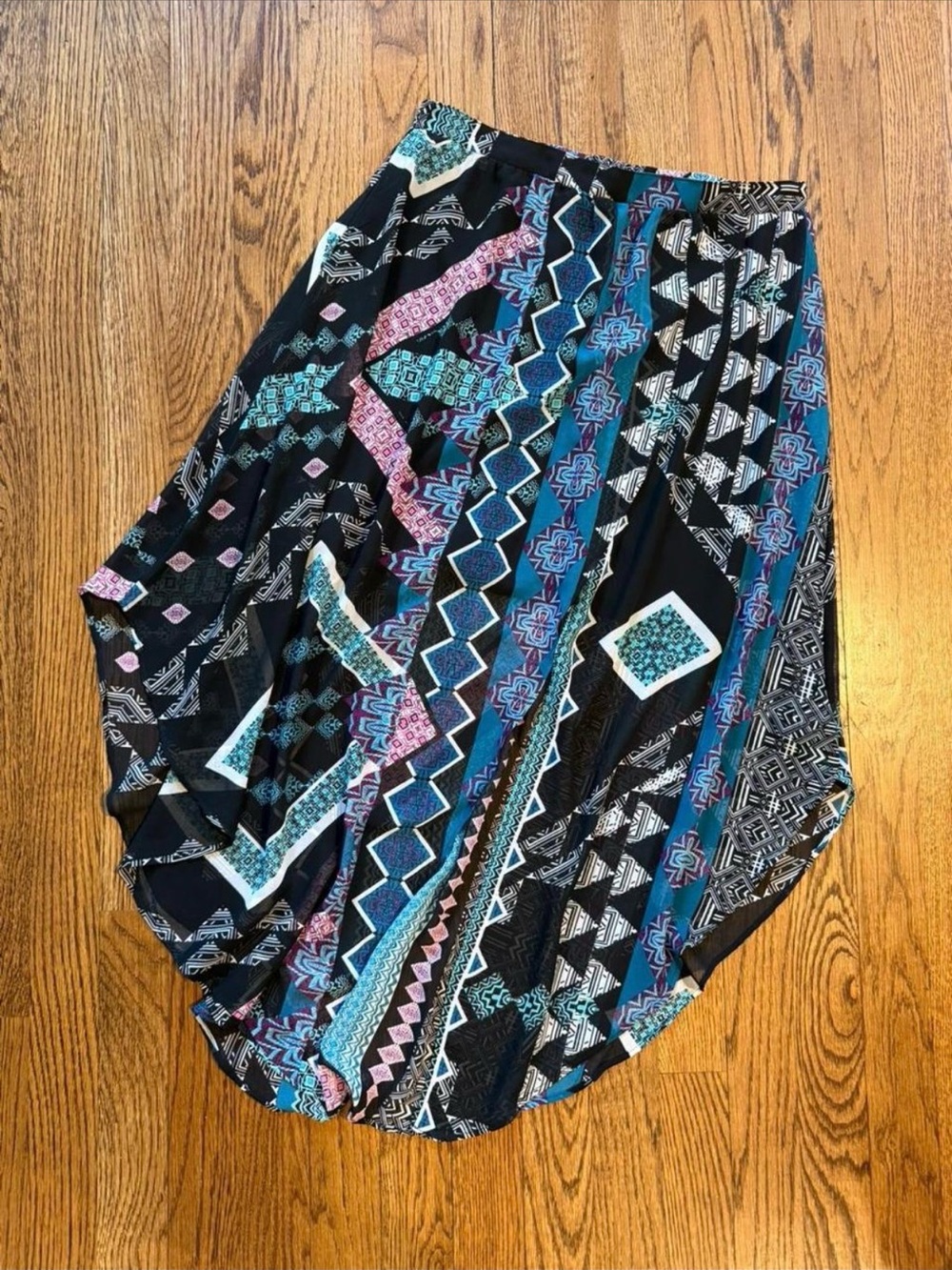 Express Asymmetrical Geometric Skirt in Black, Teal, and Purple